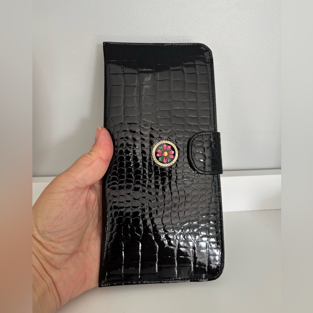 Black Croc-Embossed Wallet Clutch with Floral Medallion
